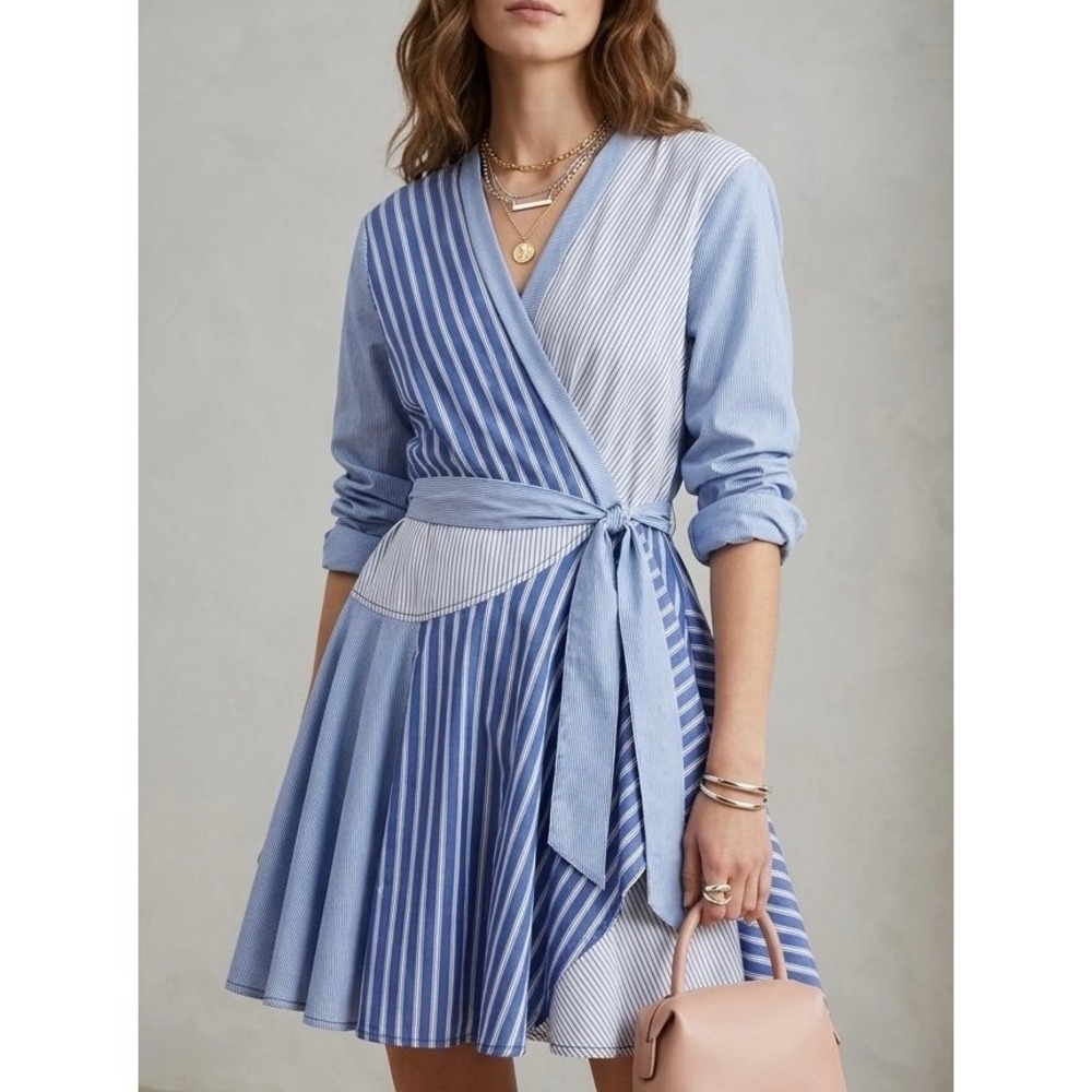 Maeve Anthropologie Newport Mixed Stripe Cotton Wrap Dress Sz 12 Eclectic Preppy